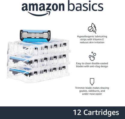 Amazon Basics Recambios de maquinilla de afeitar de 5 cuchillas para hombres con doble lubricación, recortador de barba de precisión, afeitado cómodo, paquete de 12 unidades (solo se adapta a los