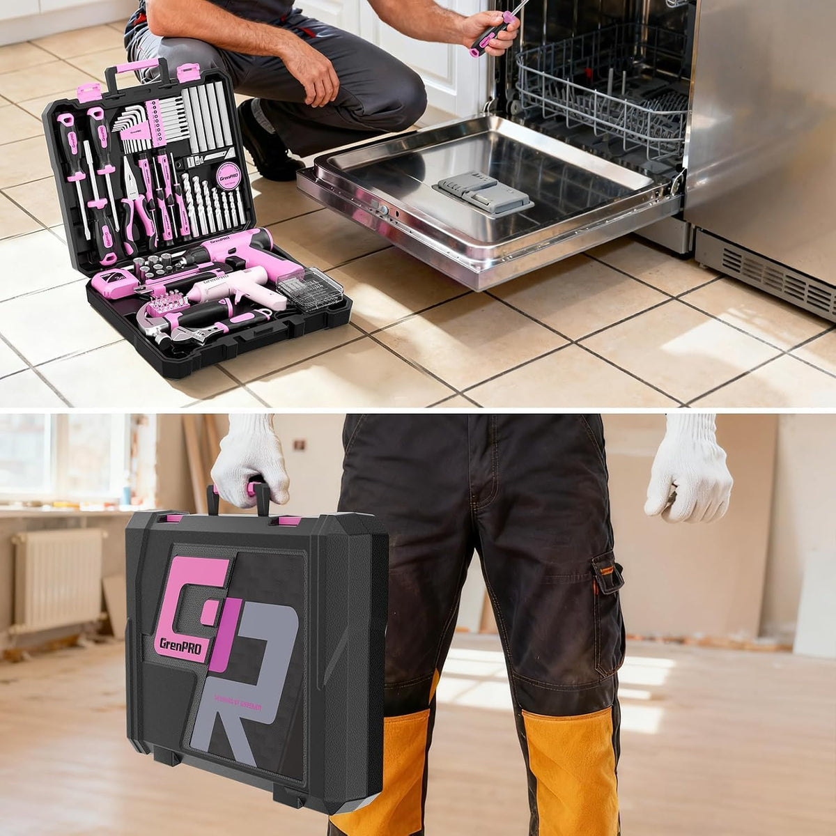 GRENPRO Juego de herramientas rosa, juego de taladro, 188 piezas de...