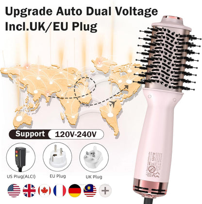 Cepillo secador de pelo de viaje de doble voltaje, mini cepillo de aire caliente con enchufe europeo, secador de un paso y voluminizador para uso doméstico y salón de belleza