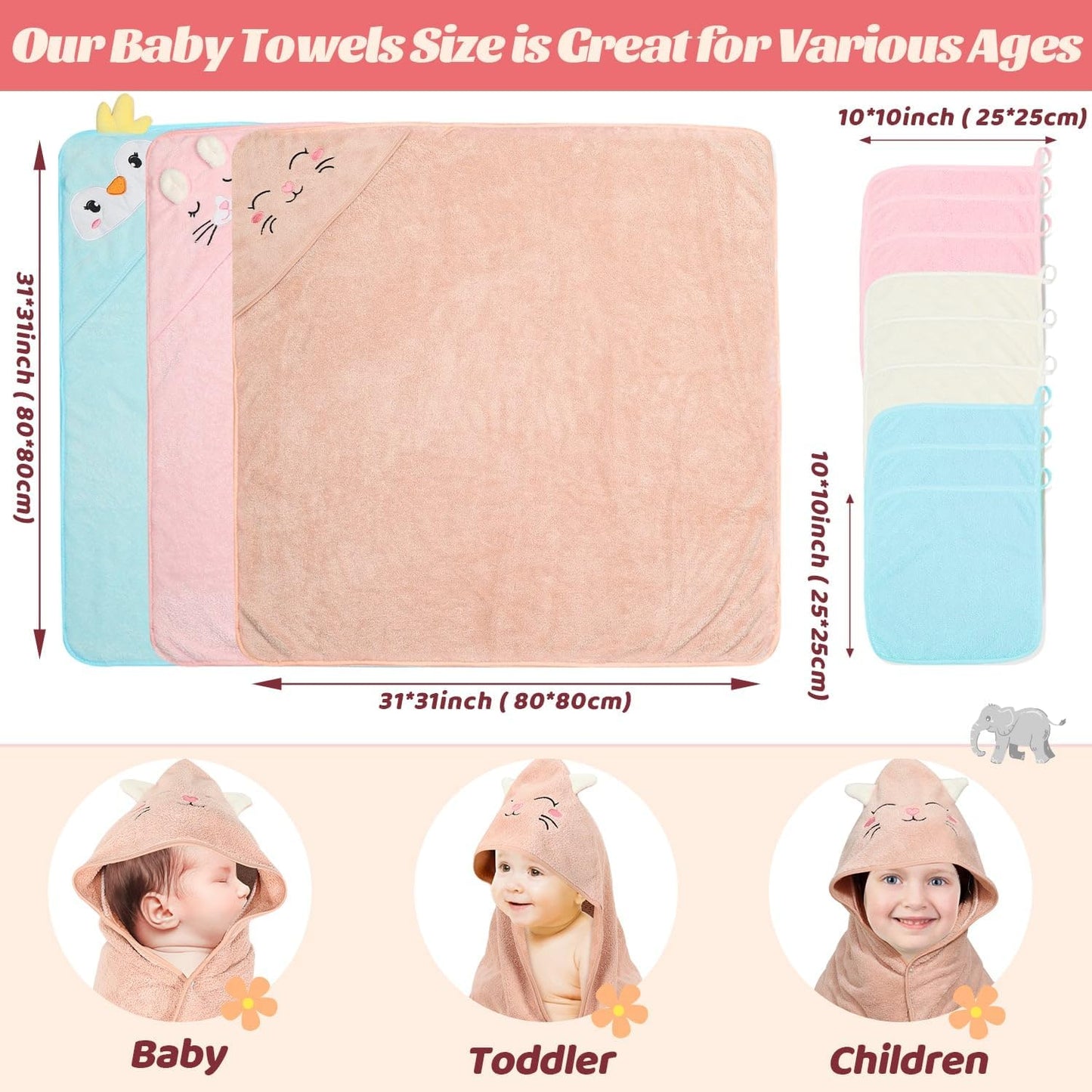 12 toallas de bebé con capucha, toallas suaves para bebé, toallas de baño absorbentes, 3 toallas de bebé y 9 paños de bebé para recién nacidos, niños pequeños y niños, toallas de bebé de 32 x 32
