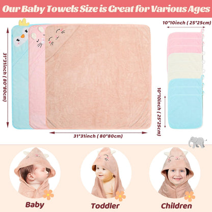 12 toallas de bebé con capucha, toallas suaves para bebé, toallas de baño absorbentes, 3 toallas de bebé y 9 paños de bebé para recién nacidos, niños pequeños y niños, toallas de bebé de 32 x 32