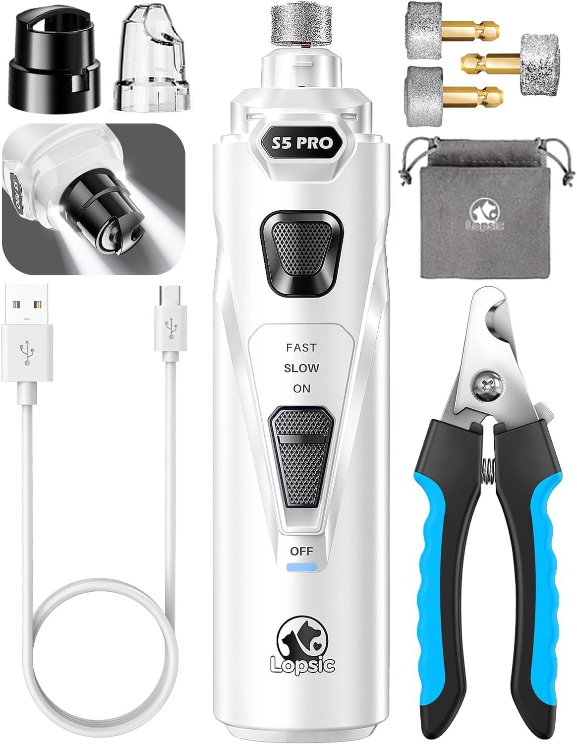 Molinillo de uñas para perros con 2 luces LED, potente, 2 velocidad...