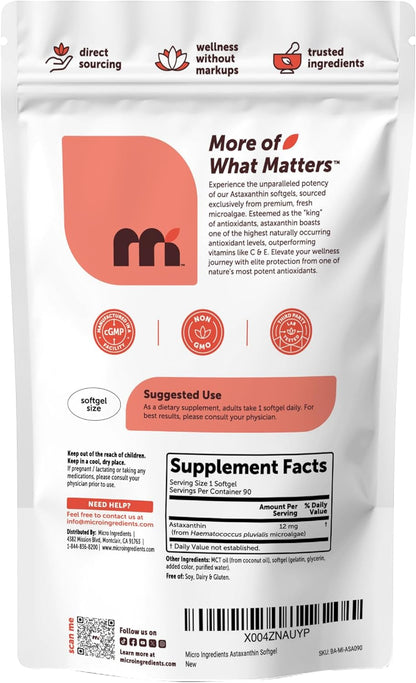 Micro Ingredients Astaxantina de 12 mg con aceite MCT, 90 cápsulas...