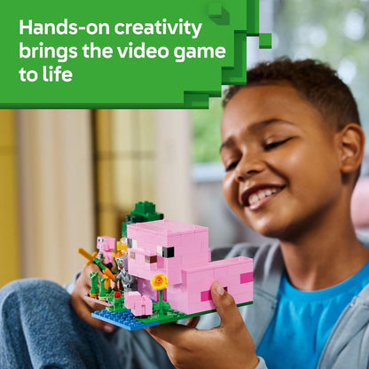 LEGO Minecraft - Figuras de juguete y juego de La Casa del Cerdito Bebé, juguete de construcción de Minecraft para niños, niños y niñas, a partir de 7 años, regalo para cumpleaños, con 2 minifiguras
