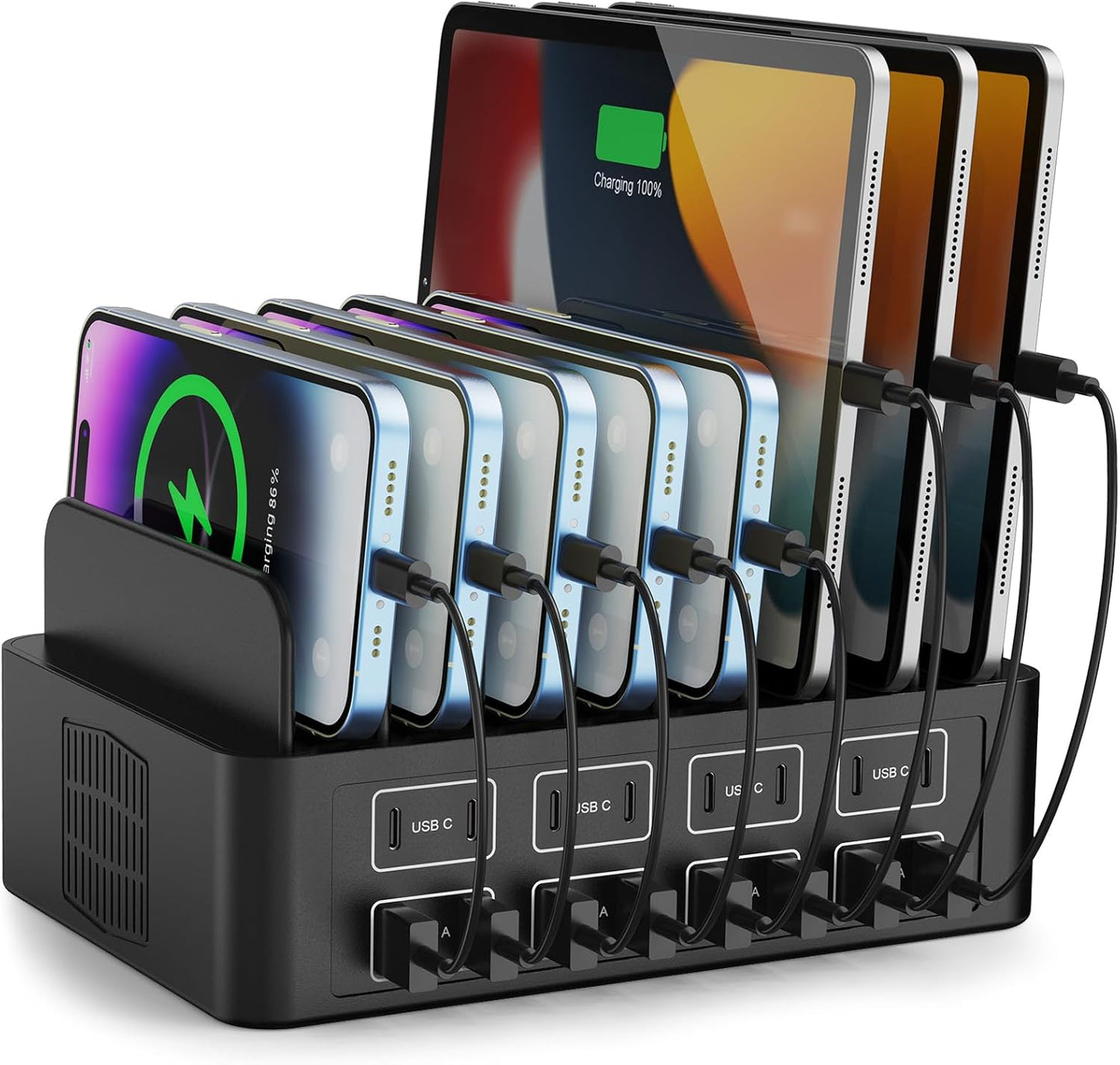 Estación de carga de 150W/35A para múltiples dispositivos, RUANSZZ Estación de carga rápida de 16 puertos USB-C, Organizador de carga múltiple compatible con teléfono celular, iPad, Kindle, tableta y