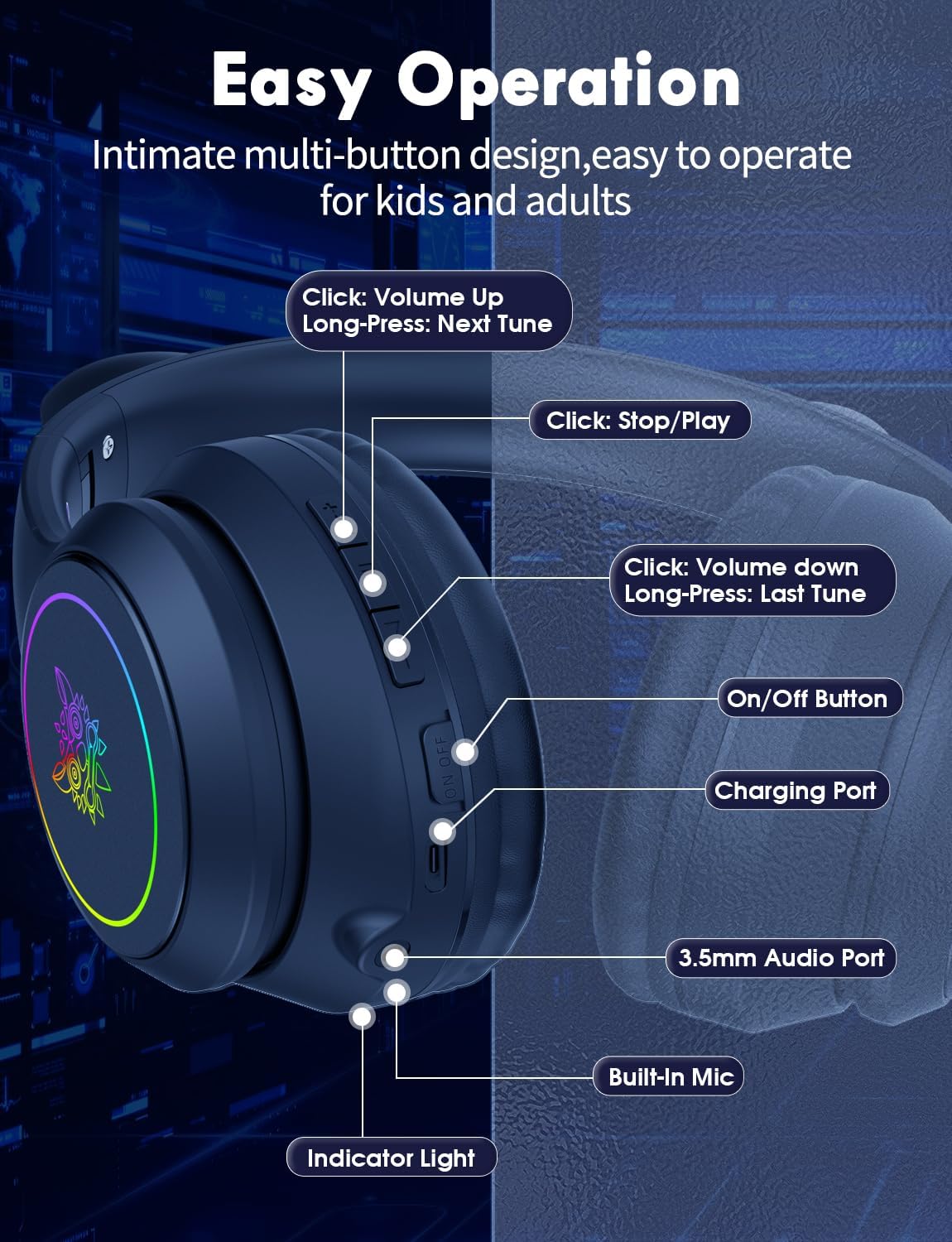 ONITOON Auriculares Bluetooth con orejas de gato para niños y adult...