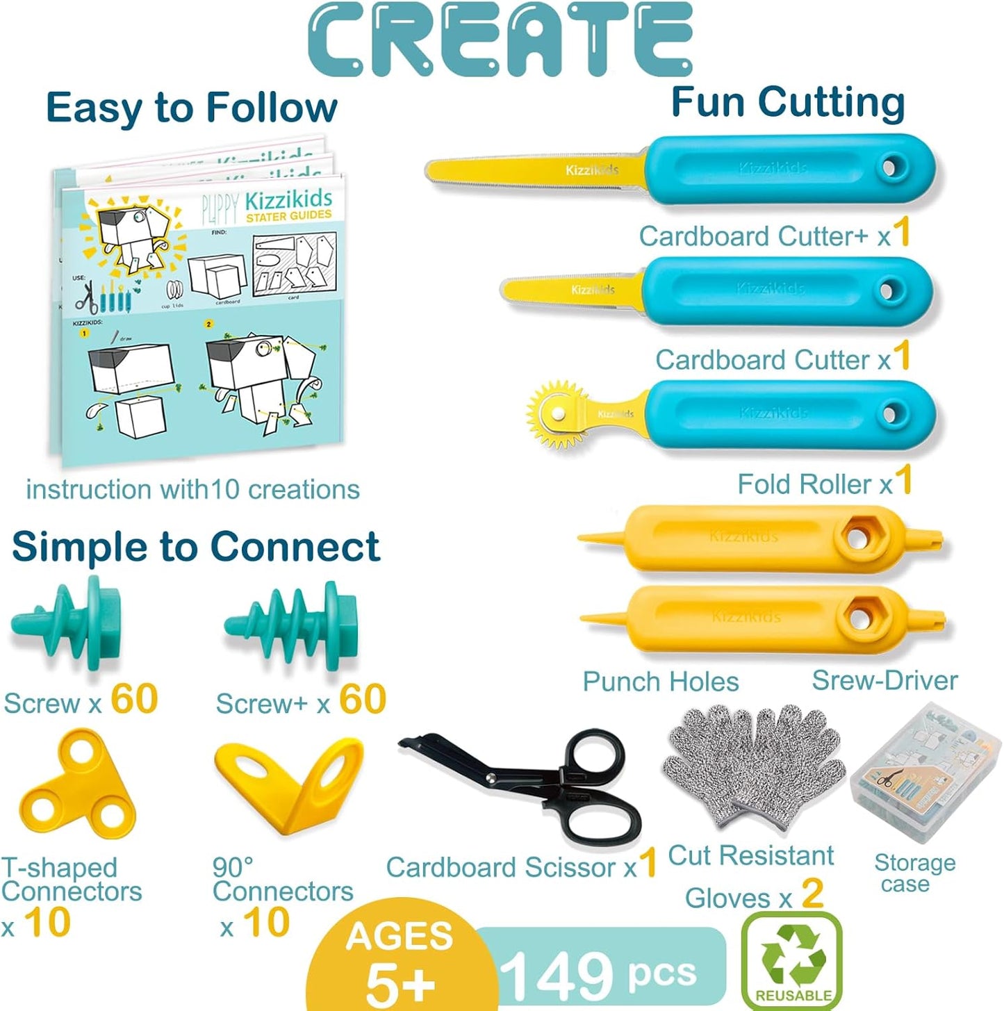 Kizzikids - Herramientas de cartón para niños con cortador y caja d...