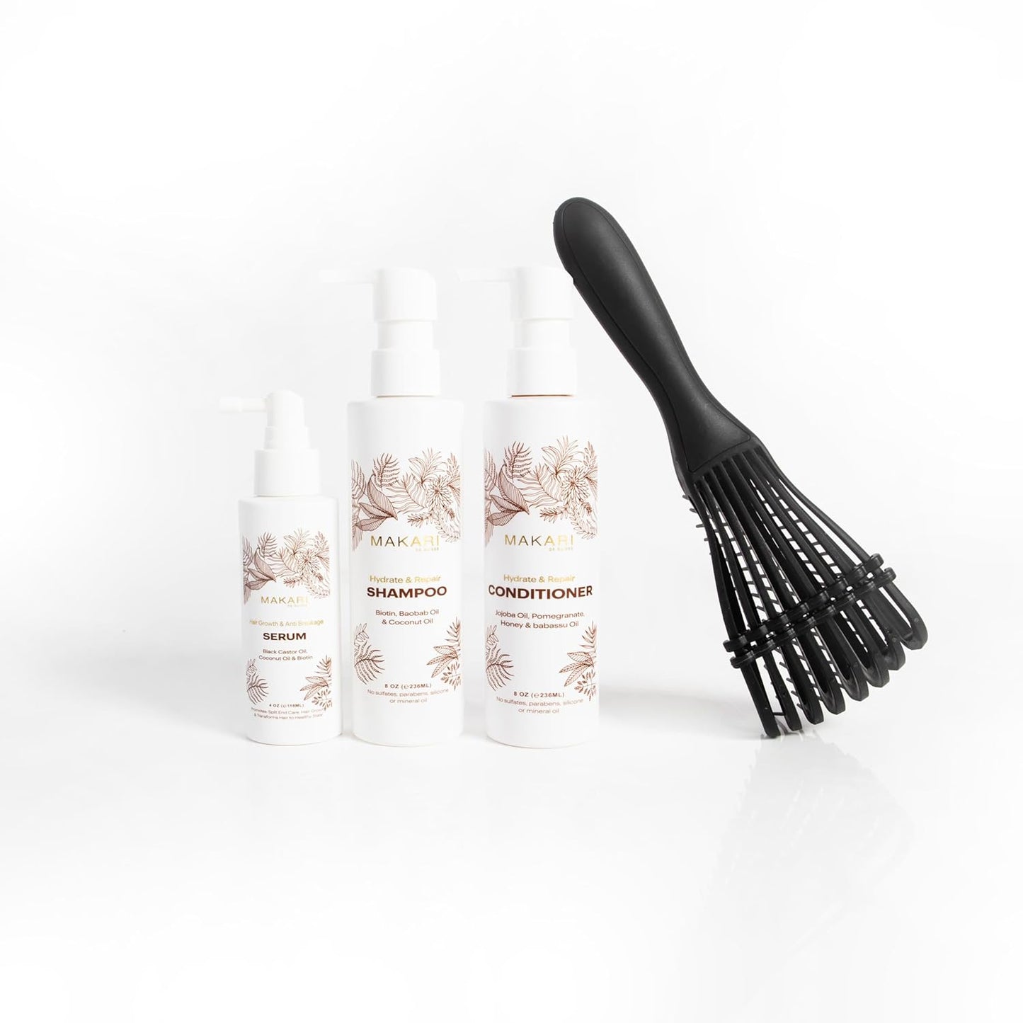 Makari Set de cuidado del cabello con champú, acondicionador, suero y cepillo | Biotina, aceite de ricino negro, jojoba y miel | Hidrata, fortalece y mejora el brillo | Sin sulfato, parabenos ni