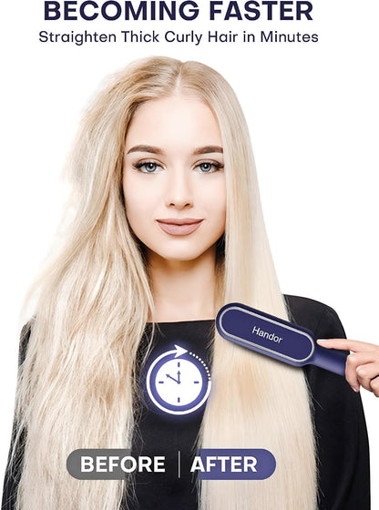 Cepillo alisador de cabello iónico mejorado, peine alisador para mujeres con 9 ajustes de temperatura, pantalla LED, calentamiento rápido (250°F-410°F), doble voltaje, azul