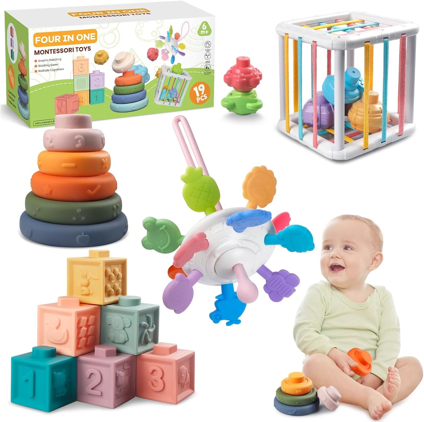 Juguetes Montessori para Bebés - Mordedor de Cuerda, Bloques Apilables, Contenedor de Formas Sensoriales, Diversión para la Hora del Baño Infantil, Juguetes 4 en 1 para Niños y Niñas