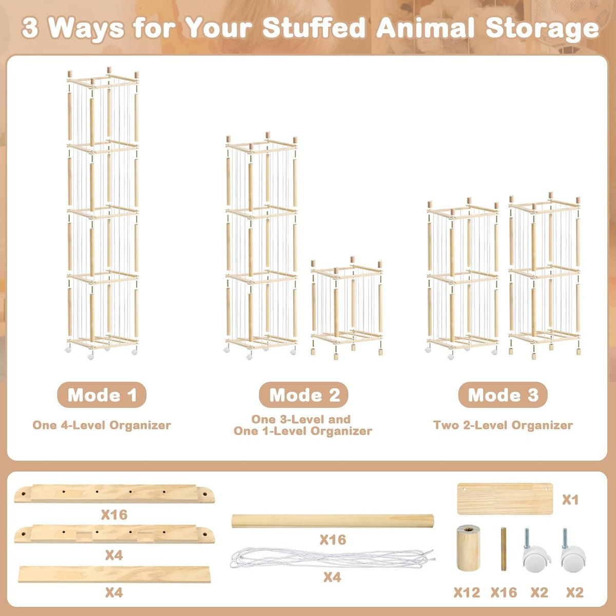 Almacenamiento de animales de peluche de madera, ajustable de 1 a 4...