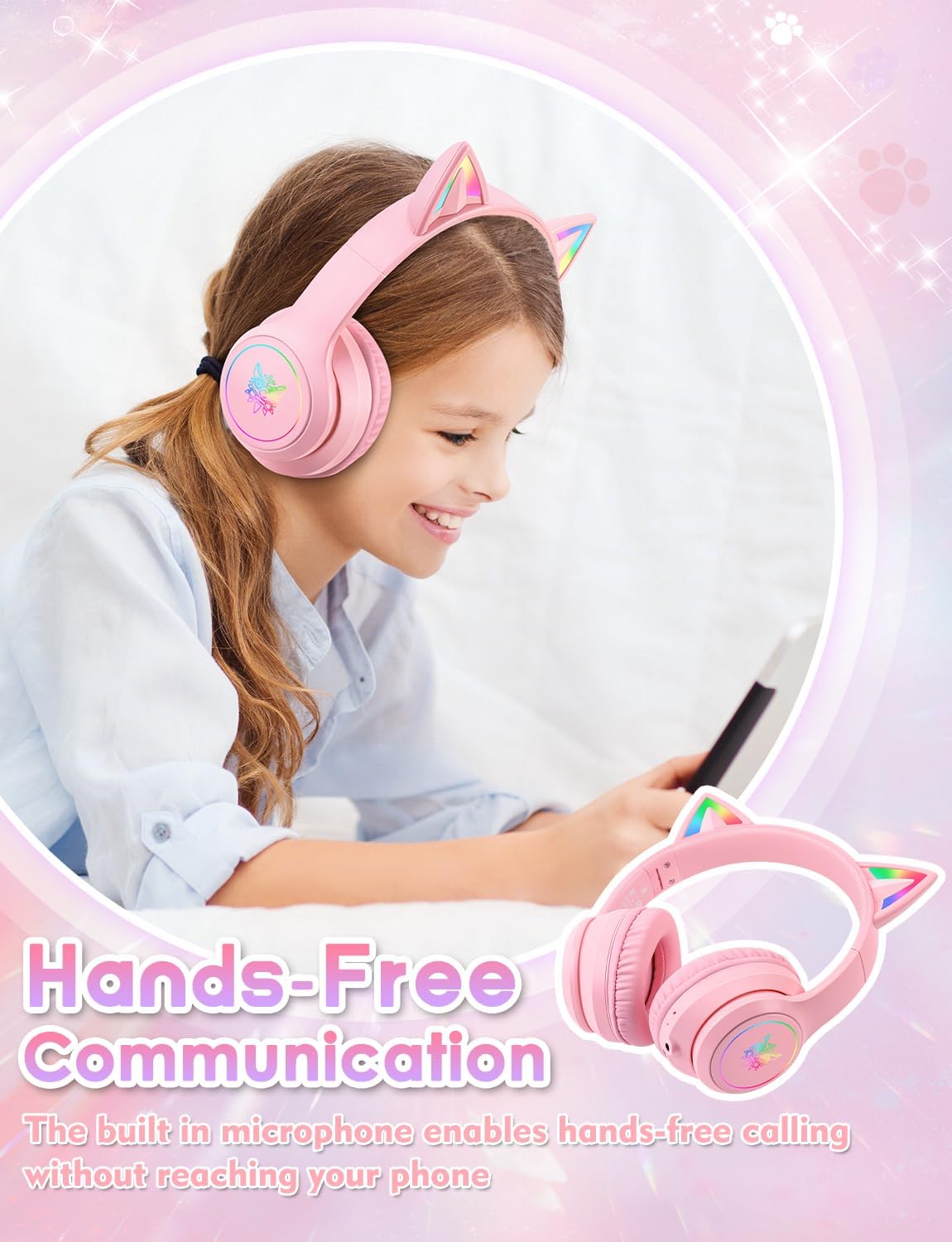 Auriculares Bluetooth para niños con micrófono, con luz LED de orej...