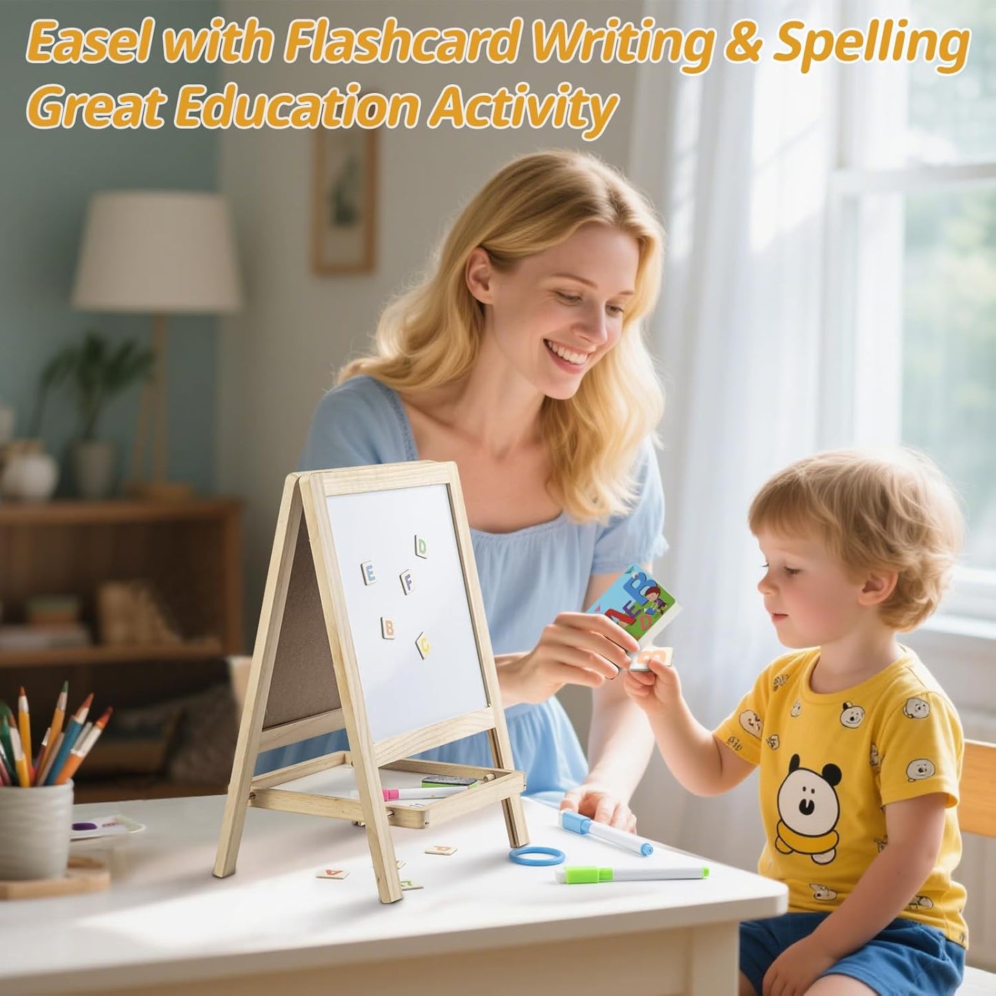 Caballete de Arte de Madera para Pintura de Mesa para Niños - Tablero de Dibujo de Doble Cara 4 en 1 para Niños Pequeños de 2-4 Años, Pizarra y Pizarra Blanca Seca con Marcadores, Borrador, Letras
