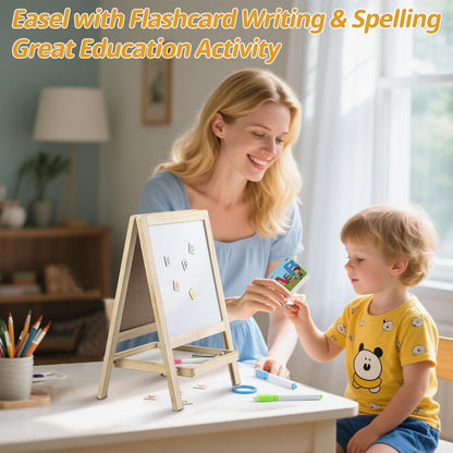 Caballete de Arte de Madera para Pintura de Mesa para Niños - Tablero de Dibujo de Doble Cara 4 en 1 para Niños Pequeños de 2-4 Años, Pizarra y Pizarra Blanca Seca con Marcadores, Borrador, Letras