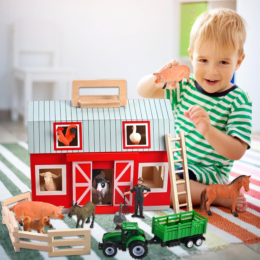 Juguetes de madera de granero, juego de granero con 12 figuras de juego de animales para más de 3 años, granero de juguete y animales de granja, juego de granero de madera para regalo de cumpleaños de Navidad para niños y niñas