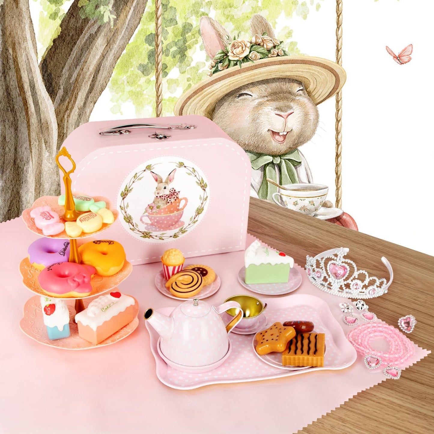 iAOVUEBY Juego de fiesta de té para niñas pequeñas, 49 piezas de ju...