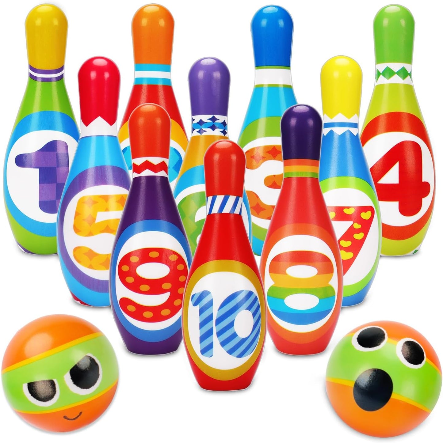 Juego de bolos para niños AugToy 2-5 años, juego de bolos de interior suave para niños de 1, 2, 3, 4 años, niños y niñas, 10 pines de bolos de espuma coloridos, 2 bolas de bolos, juego sensorial de