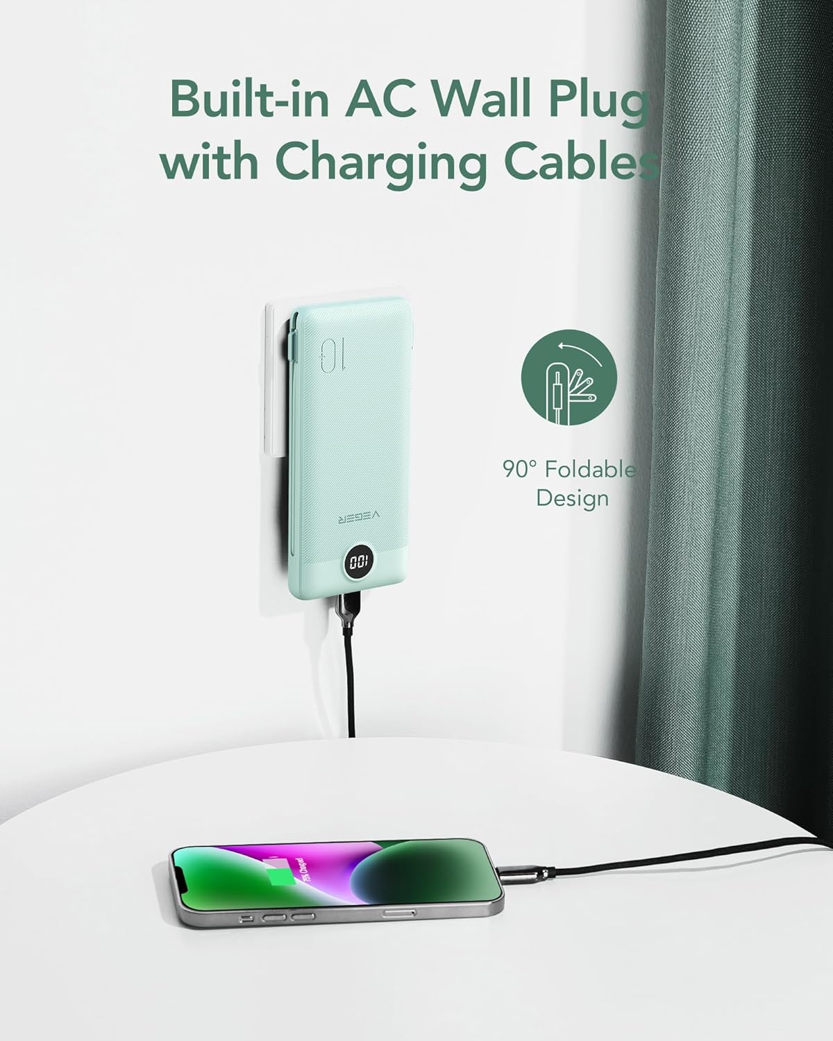 VEGER Cargador portátil con enchufe AC incorporado y cables, banco...
