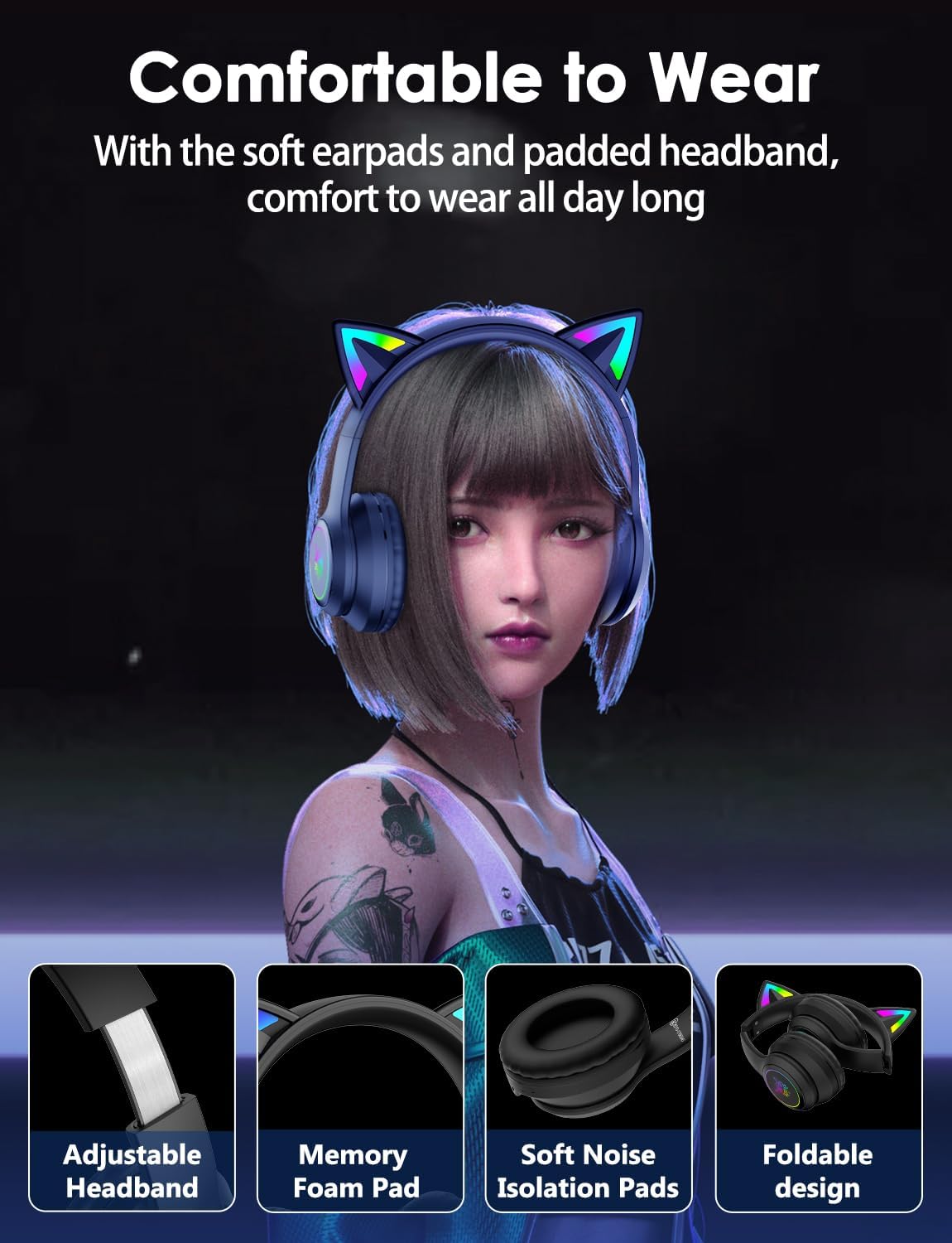 ONITOON Auriculares Bluetooth con orejas de gato para niños y adult...