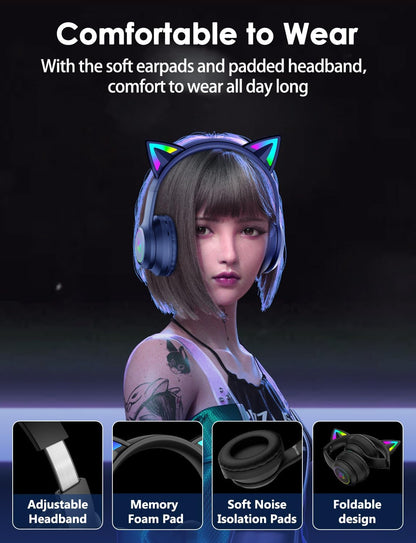ONITOON Auriculares Bluetooth con orejas de gato para niños y adult...