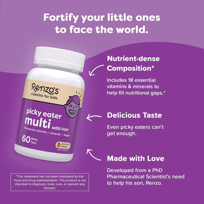 Renzo's Picky Eater Kids Multivitamin con hierro, vitaminas sol...
