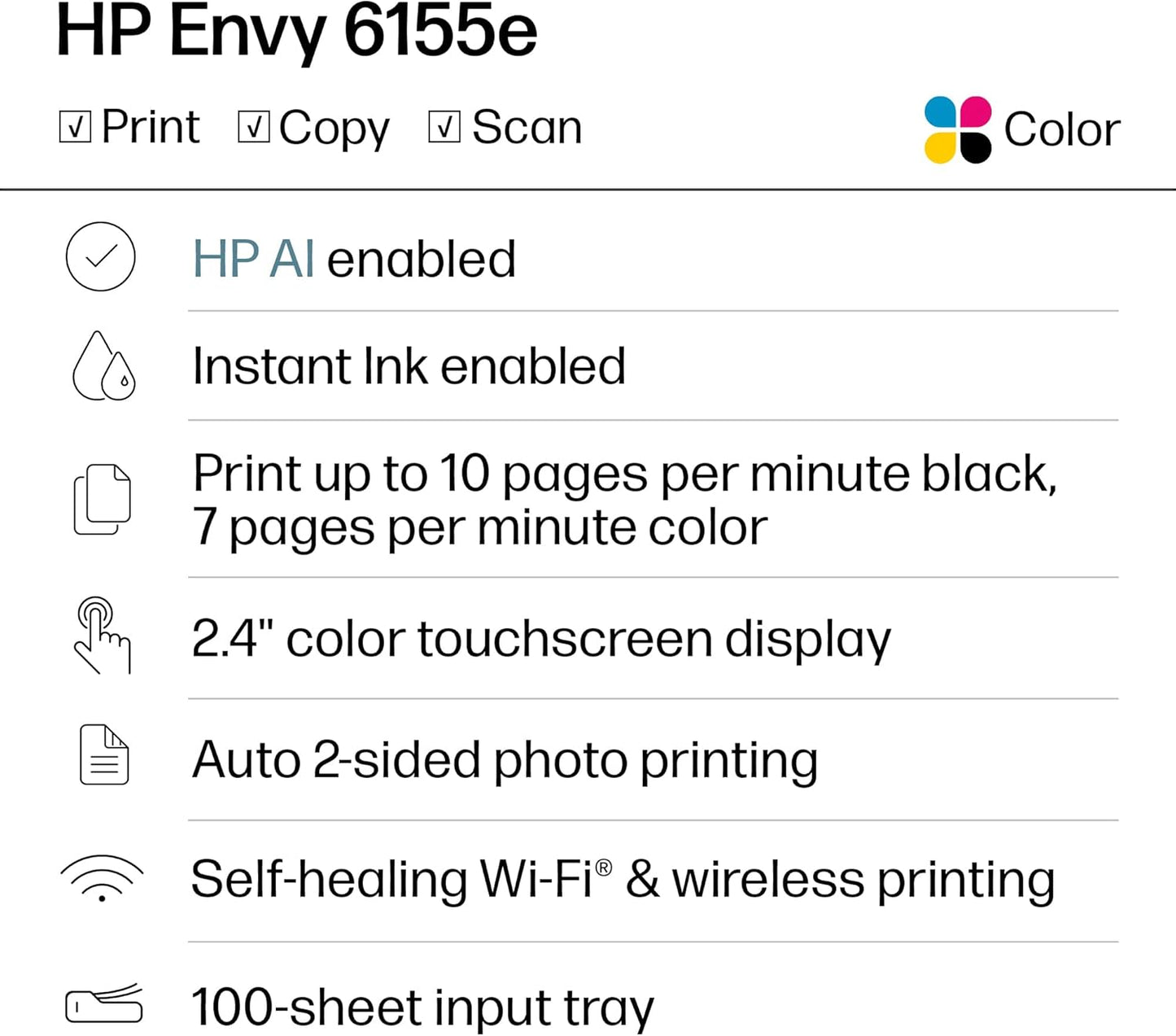 HP Envy 6155e Impresora inalámbrica todo en uno de inyección de tinta a color, Portobello, Imprimir, escanear, copiar, Impresión dúplex Ideal para el hogar, prueba de 3 meses de Instant Ink incluida