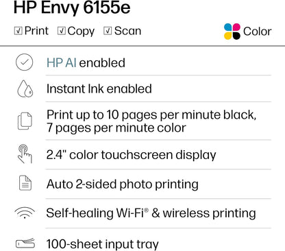 HP Envy 6155e Impresora inalámbrica todo en uno de inyección de tinta a color, Portobello, Imprimir, escanear, copiar, Impresión dúplex Ideal para el hogar, prueba de 3 meses de Instant Ink incluida