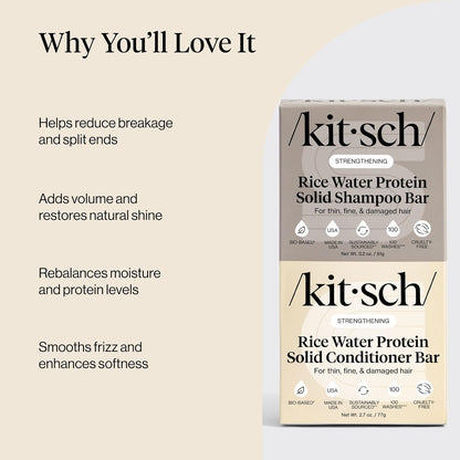 Kitsch Champú y acondicionador sólido de proteína de agua de arroz para el crecimiento del cabello – Dúo fortalecedor del cuidado del cabello con proteína de arroz y vitaminas para reparación de daños – Sin parabenos, sulfatos y silicona, fabricado en Est