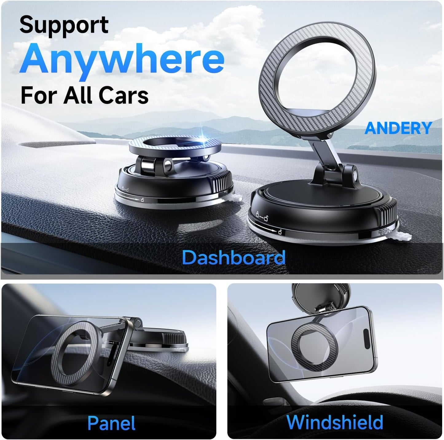 ANDERY Soporte para teléfono de coche para Magsafe [78+LBS de succión más fuerte y 2400gf magnético] Montura de teléfono de coche ajustable en 360°, soportes de teléfono para tu coche para iPhone 17