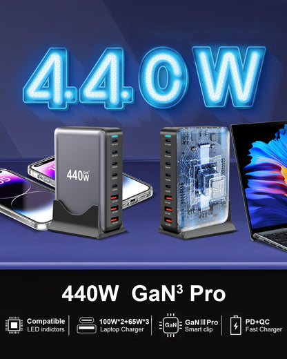 Bloque de cargador rápido USB C GAN de 440 W, estación de carga de...