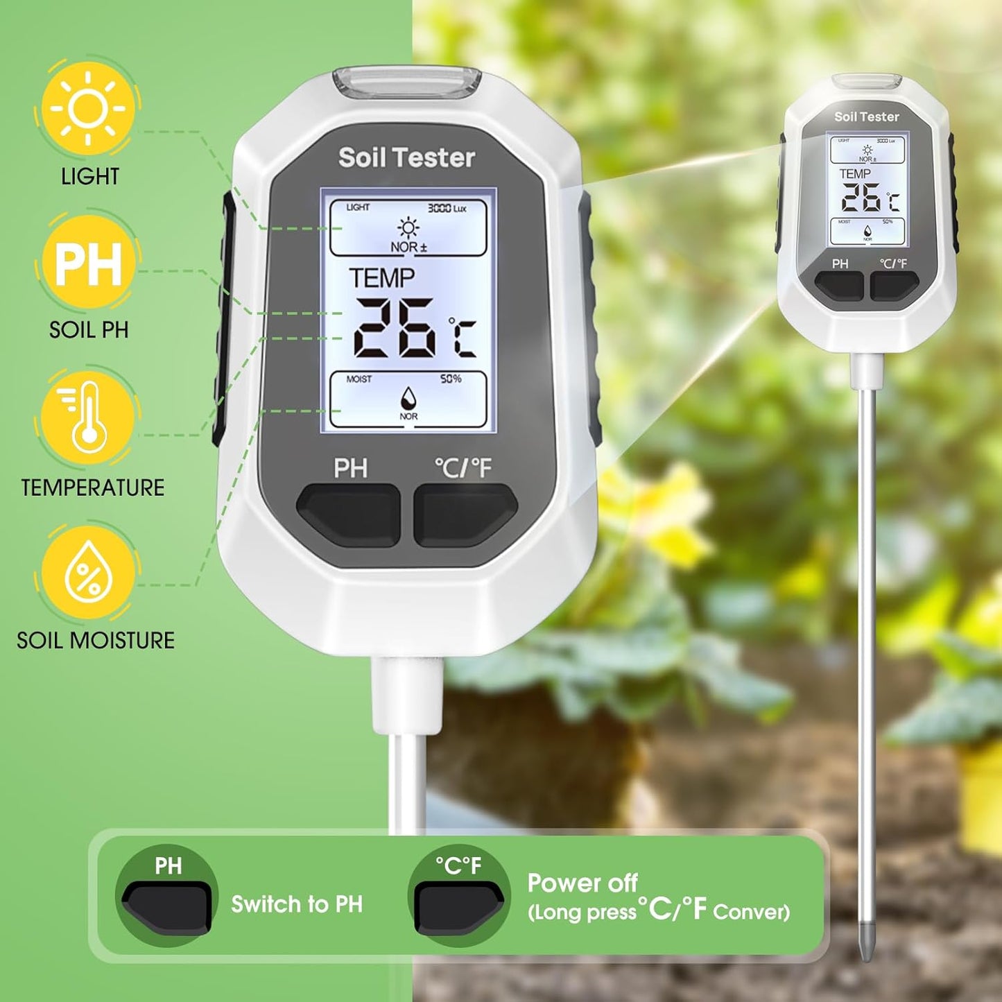 Medidor de Humedad del Suelo 4 en 1, Medidor Digital de Temperatura de Plantas/Prueba de Humedad del Suelo y Medidor de PH/Intensidad de Luz Solar, Pantalla LCD con Retroiluminación para