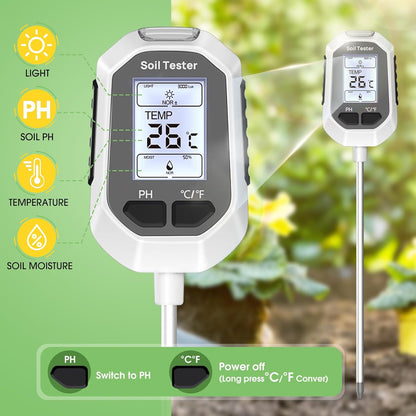 Medidor de Humedad del Suelo 4 en 1, Medidor Digital de Temperatura de Plantas/Prueba de Humedad del Suelo y Medidor de PH/Intensidad de Luz Solar, Pantalla LCD con Retroiluminación para