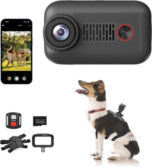Camlance Cámara de cuello para mascotas 2K con teléfono 32 GB tarje...