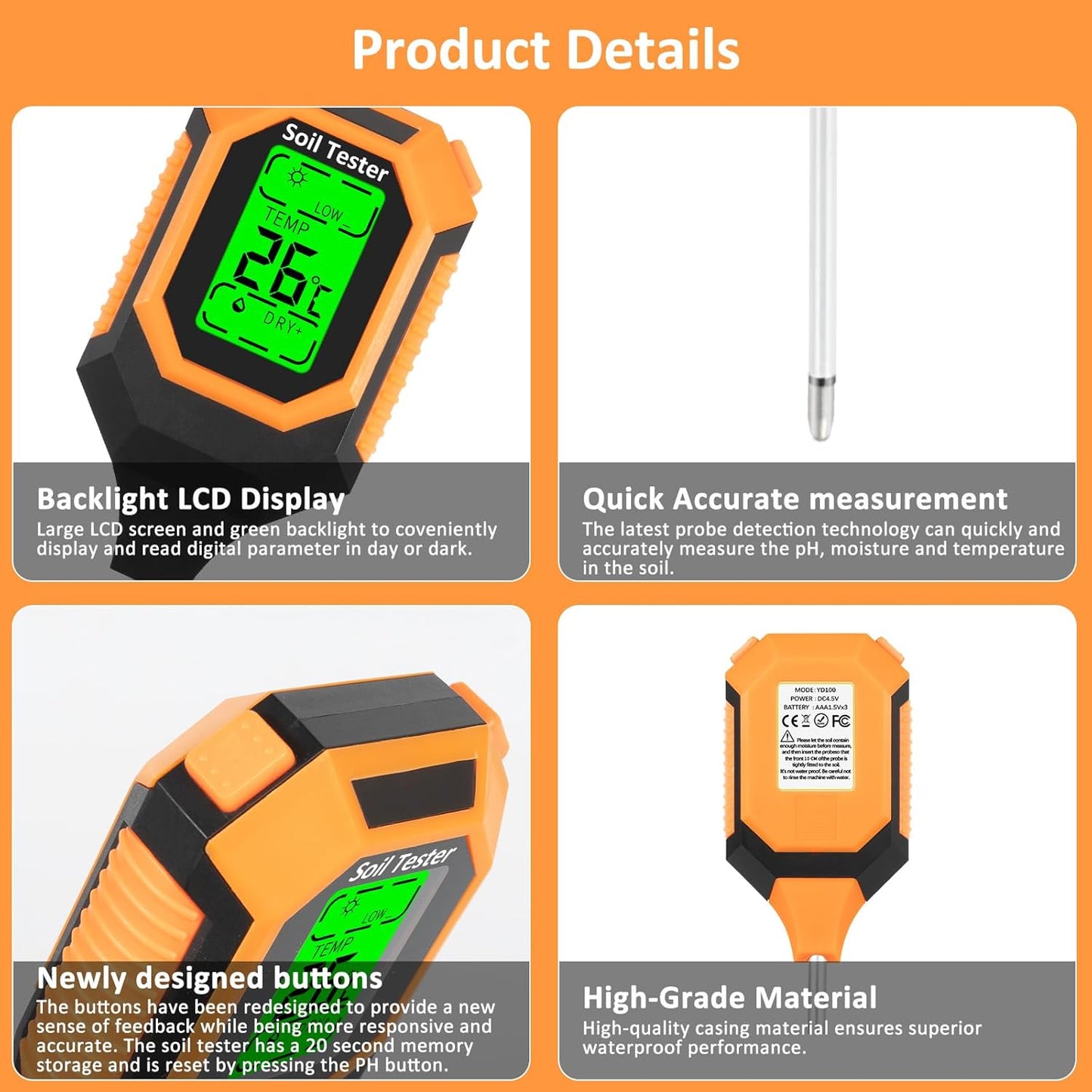 Medidor de Humedad del Suelo 4 en 1 Medidor Digital de pH/Humedad del Suelo/Temperatura de la Planta/Intensidad de Luz Solar, Pantalla LCD con Retroiluminación, Medidor de Prueba de Suelo para Jardín