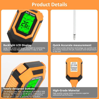 Medidor de Humedad del Suelo 4 en 1 Medidor Digital de pH/Humedad del Suelo/Temperatura de la Planta/Intensidad de Luz Solar, Pantalla LCD con Retroiluminación, Medidor de Prueba de Suelo para Jardín