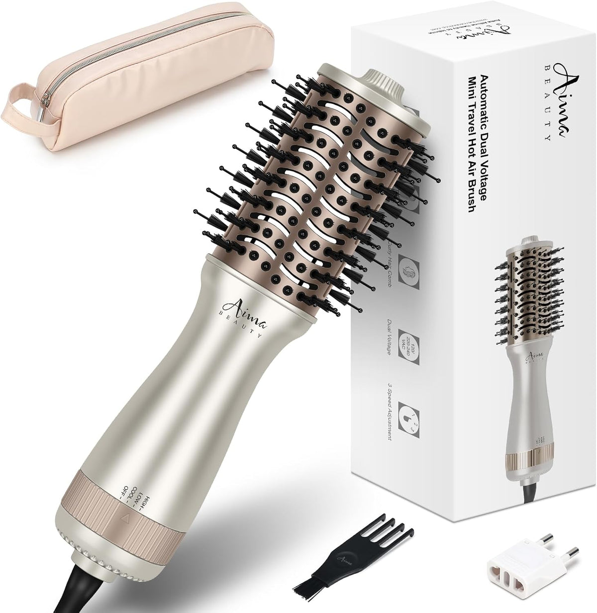 Aima Beauty Pequeño auto doble voltaje secador de pelo cepillo fres...