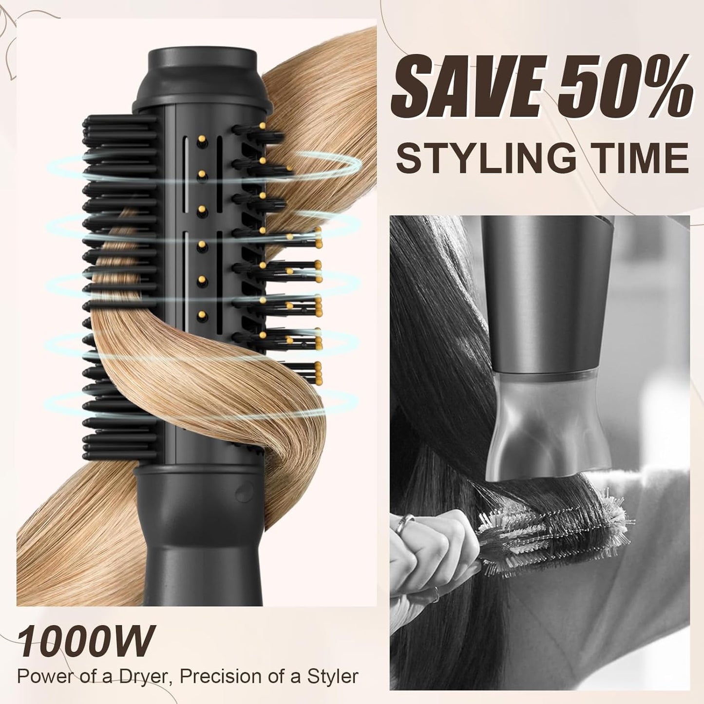 Plancha plana de 110-120 V con cepillo calentado para alisar el cabello, secador de cepillo de soplado de un solo paso para cabello negro, cepillo de aire caliente de barril ovalado de 2.362 in para