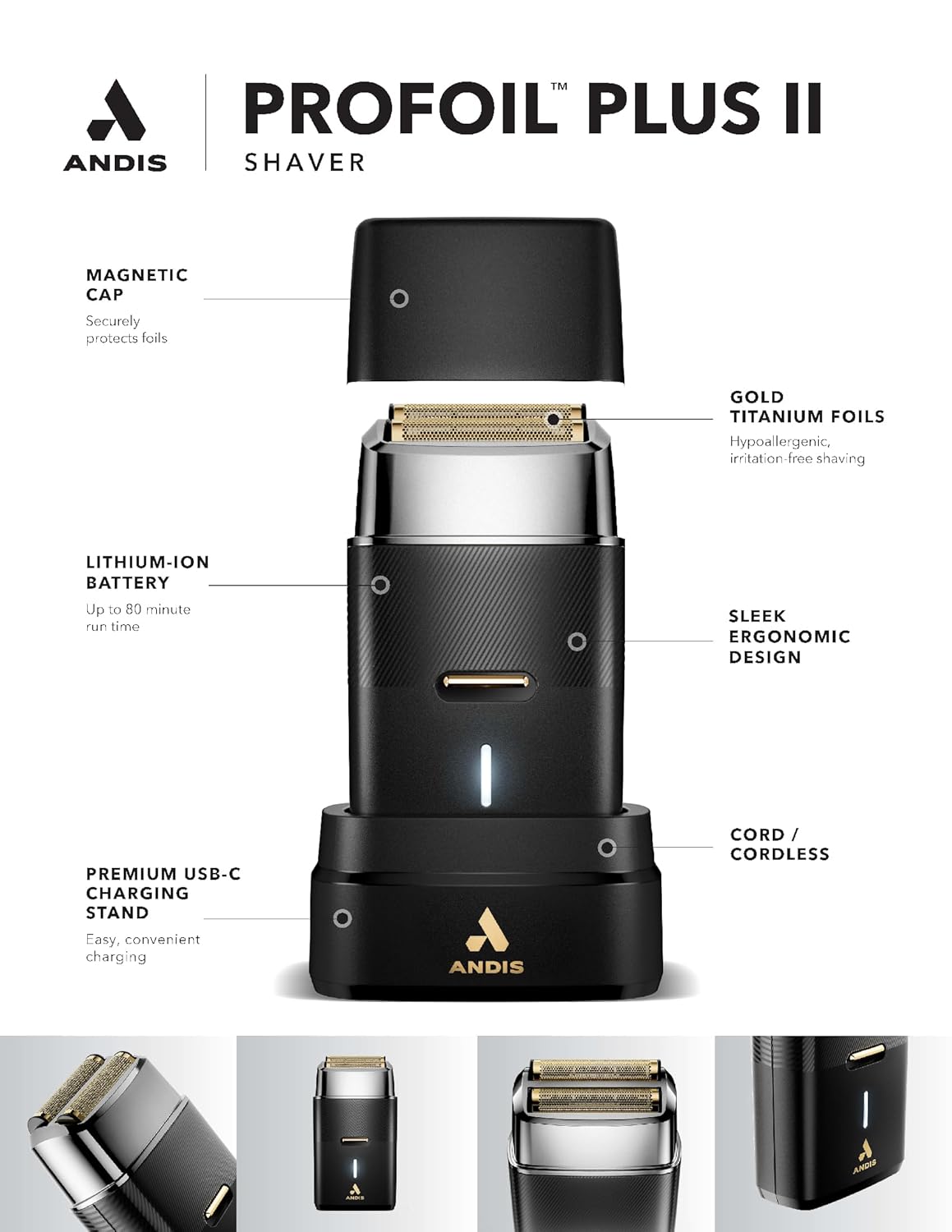 Andis 563616 Pro Foil Plus II - Afeitadora inalámbrica, láminas de oro y titanio, batería de iones de litio, incluye soporte de carga USB-C, color negro