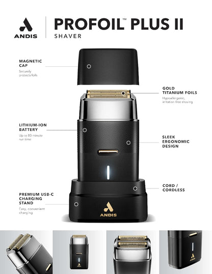 Andis 563616 Pro Foil Plus II - Afeitadora inalámbrica, láminas de oro y titanio, batería de iones de litio, incluye soporte de carga USB-C, color negro