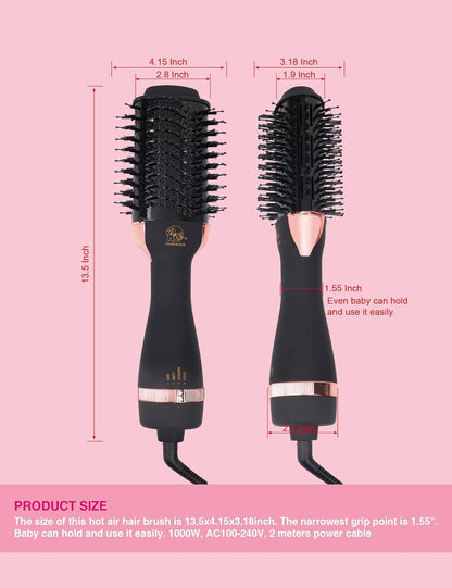 Cepillo Secador de Cabello, Cepillo Secador en Uno, Secador de Cabello Iónico y Estilizador Voluminizador 4 en 1 con Barril Ovalado de Titanio, Alisador de Aire Caliente para Peinado Suave Sin Frizz