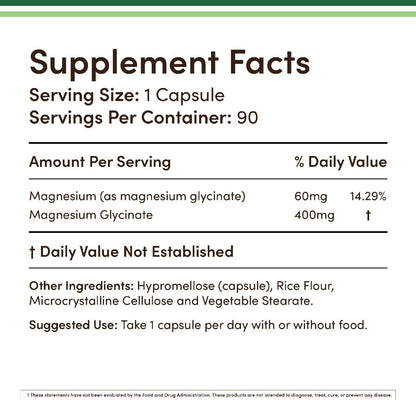 Glicinato de magnesio 400 mg, 90 cápsulas (apto para veganos, proba...
