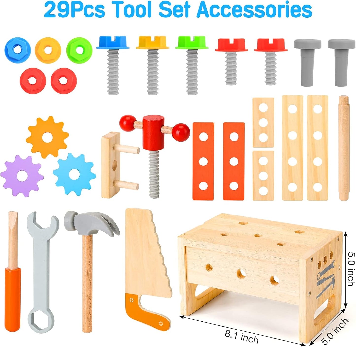 Juego de herramientas de madera para niños de 3, 4, 5 años, 29 piez...