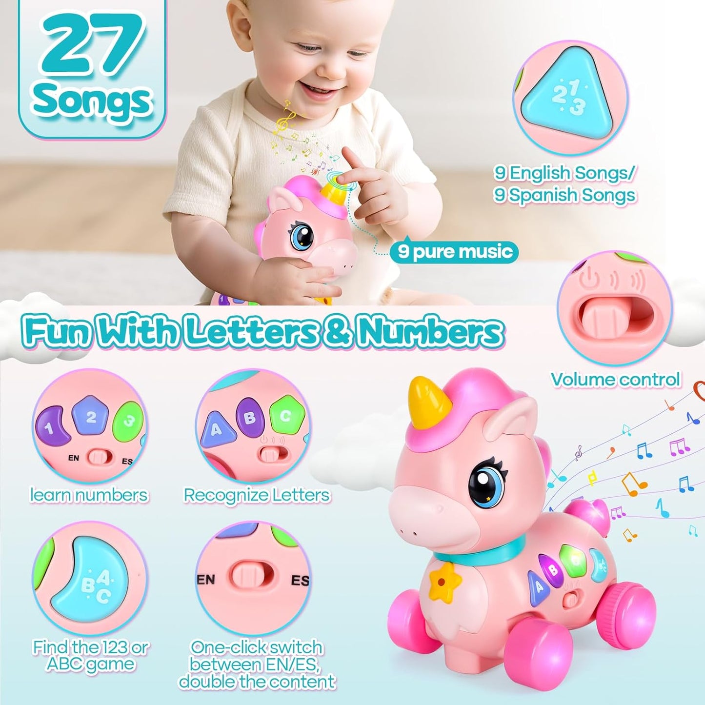 Juguete de unicornio para bebés de 6 a 12 a 18 meses con música y luces, explora la educación bilingüe para el desarrollo sensorial de los niños pequeños, aprender a caminar, moverse, gatear, para el tiempo de la barriga, juguetes de Navidad, regalos de c
