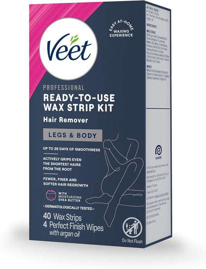 VEET Tiras de cera de azúcar para depilación corporal de mujer, kit de depilación de bikini, púbico, dermatológicamente probado para áreas corporales e íntimas, 40 tiras de cera con manteca de karité
