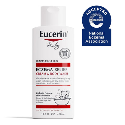 Eucerin Baby, Crema de Alivio del Eccema, Jabón Corporal, Sin Fragancia - Jabón Corporal para Eccema de Bebés con Avena Coloidal, Botella de 13.5 Fl Oz