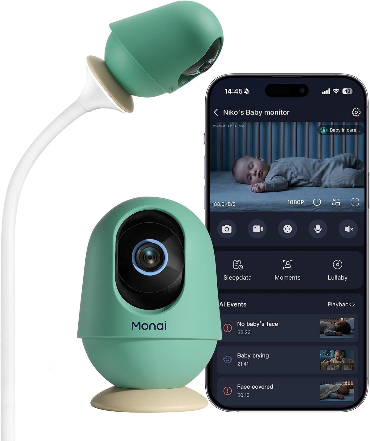Monitor para bebés Monai Pro 4K Smart WiFi con cámara y audio, sopo...