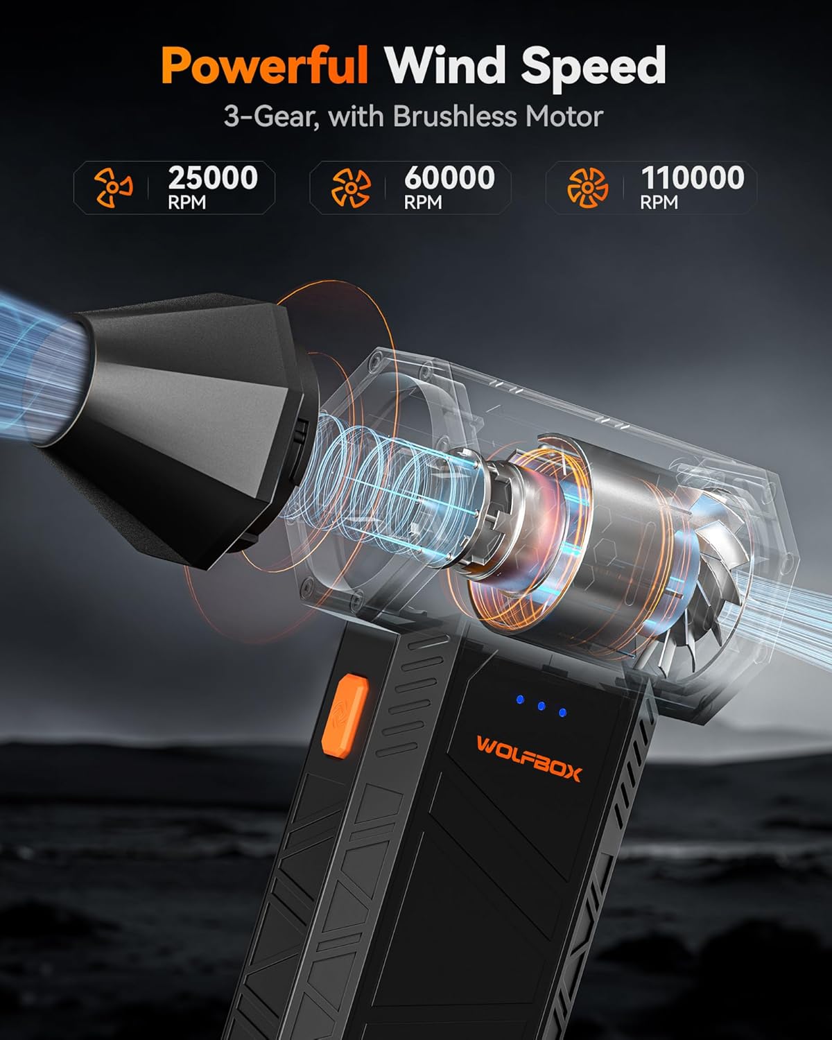 WOLFBOX MF50 Plumero de aire comprimido - Soplador eléctrico de aire de 110000RPM Super Power, soplador mini ajustable de 3 velocidades con carga rápida, soplador de polvo para computadora, teclado