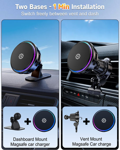 Cargador inalámbrico magnético de refrigeración dual TEC y ventilador 2026, para cargador de coche Magsafe de 15 W, RGB, ventilación de aire/tablero de instrumentos Soporte de teléfono de carga