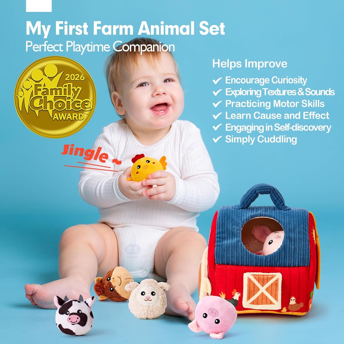 hahaland - Juguetes para bebés de 6-12 meses, juego de granero con animales de peluche de granja, sonajero, papel crujiente, espejo, juguetes montessori sensoriales para niños pequeños de 1-3 años