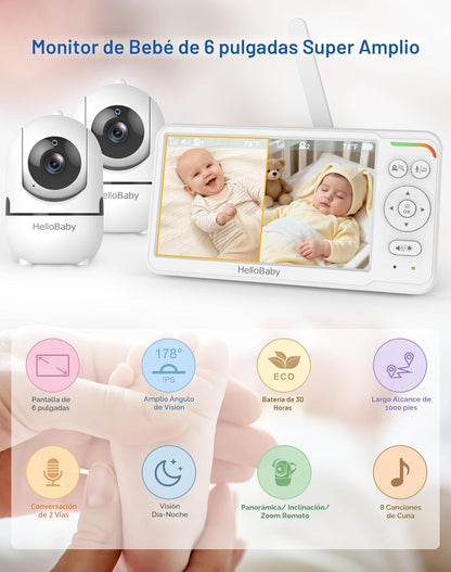 HelloBaby - Monitor de bebé con 2 cámaras, primera pantalla dividid...